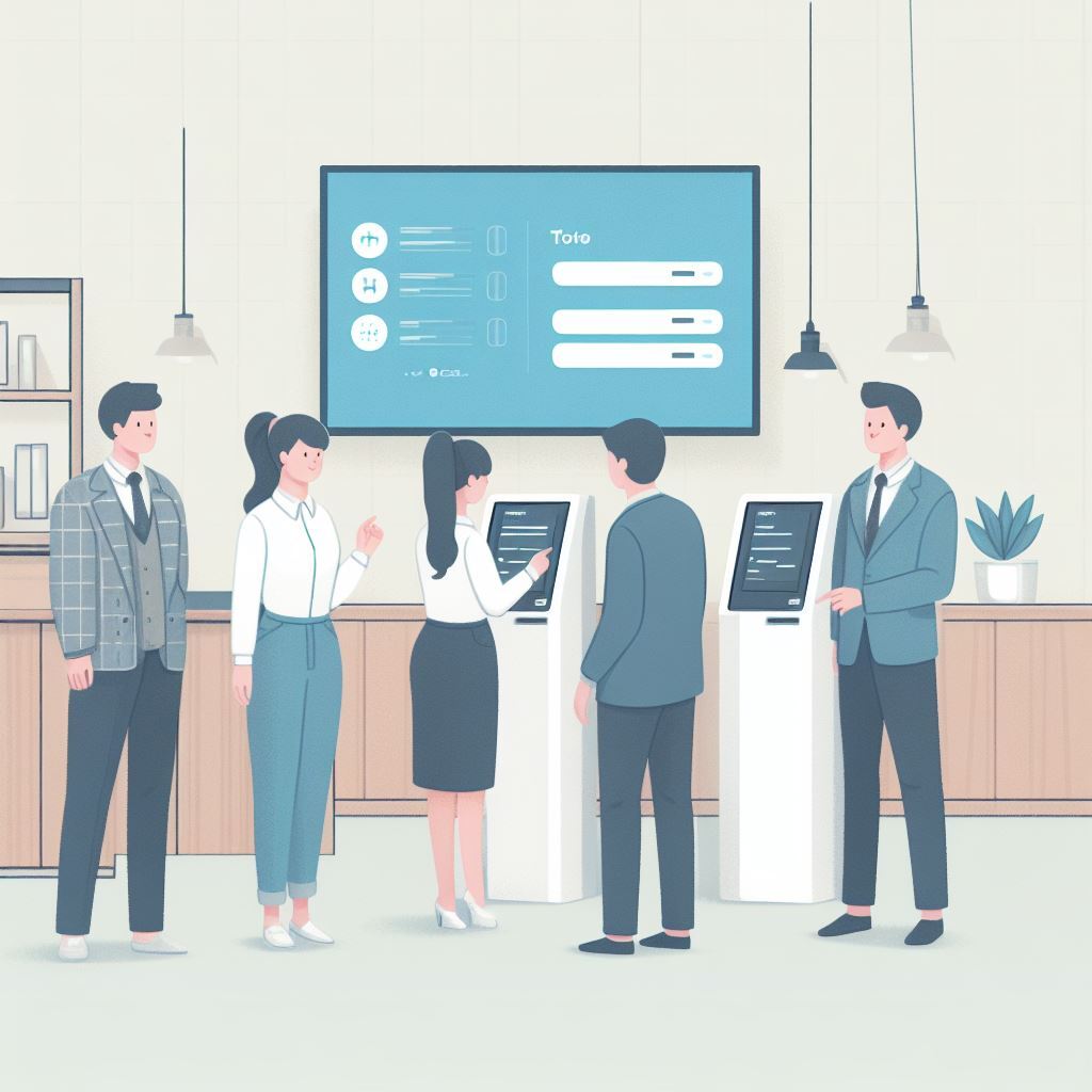 (Hotels installing kiosks, then stationing staff next to each one to explain them — a truly absurd picture. Generated by DALL·E 2 using 'hotel lobby' + 'self-service kiosk' prompts)
