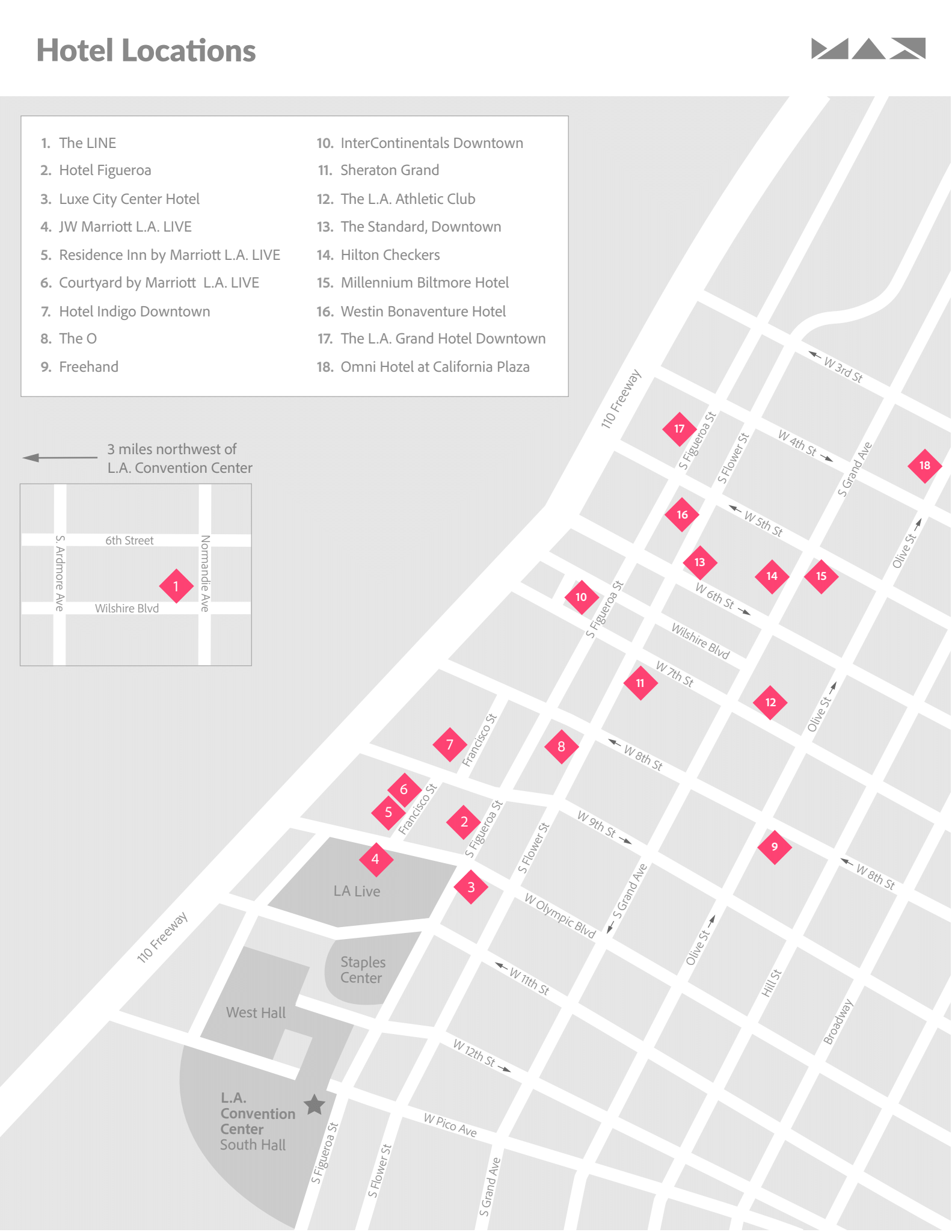 Map of key hotels for an LA event